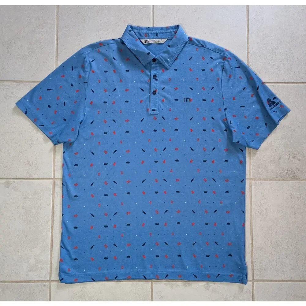 Travis Mathew Men's Large Golf Polo Shirt USA Print Blue Stretch The Boulders - Picture 2 of 7